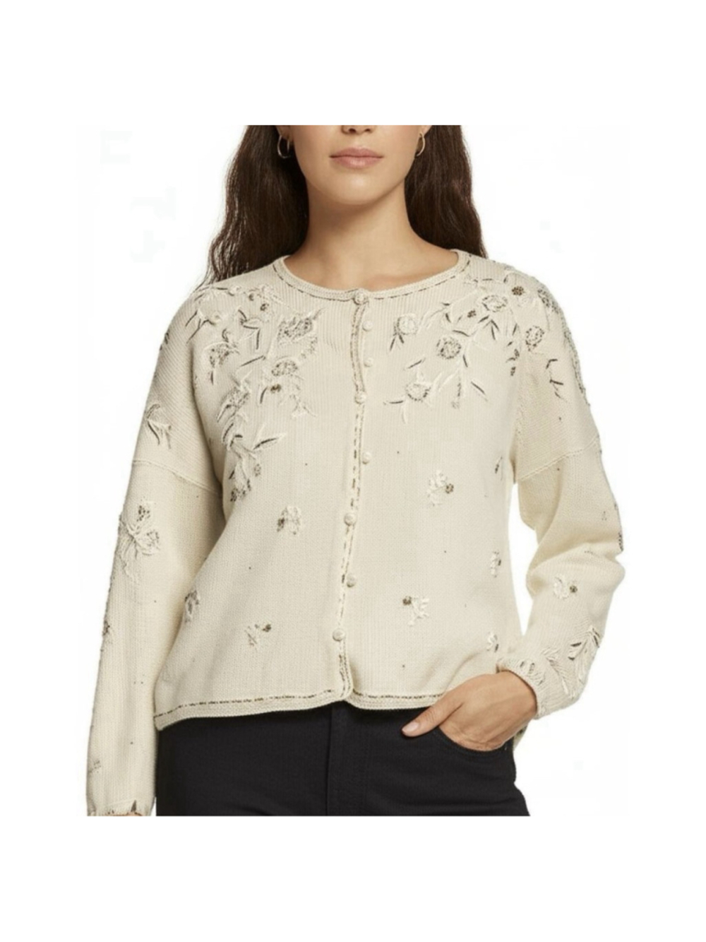 Tiara International Cardigan Sweater Womens Size L Cream Floral Beaded Knit